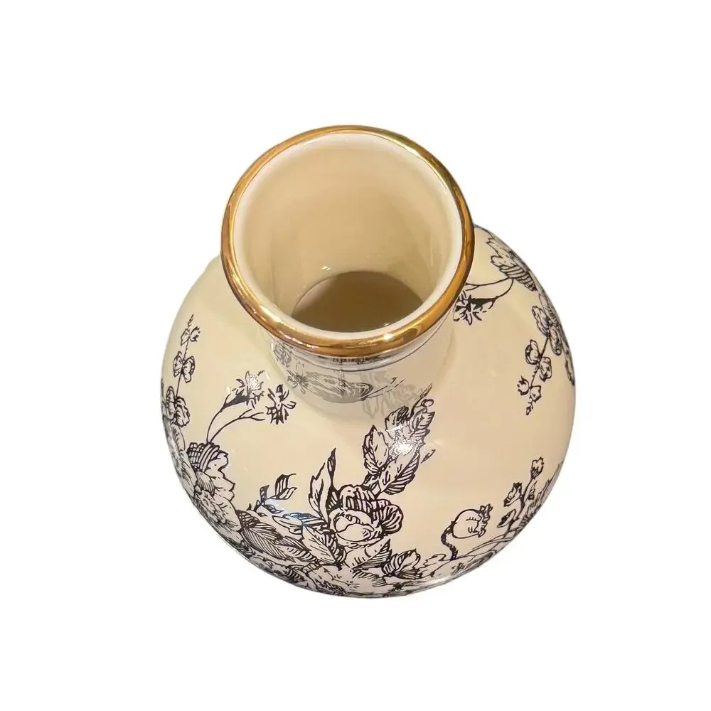 Mud Pie Small Black & White Floral Butterfly Bud Vase Gold Rim 5.25